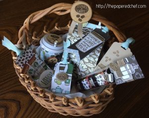 Coffee Break Basket containing coffee, candy, tags, and a candle